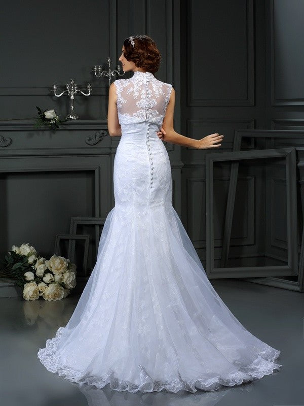 Trumpet/Mermaid Sleeveless Sweetheart Lace Long Satin Wedding Dresses