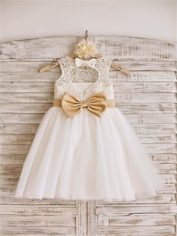 Sleeveless Tulle Bowknot Knee-Length A-line/Princess Scoop Flower Girl Dresses