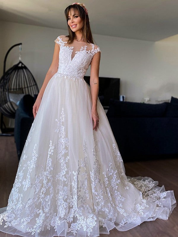 Tulle Applique Court Sleeveless A-Line/Princess V-neck Train Wedding Dresses