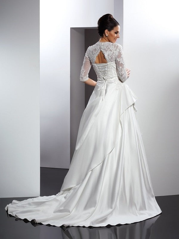 1/2 V-neck Applique Long A-Line/Princess Sleeves Satin Wedding Dresses