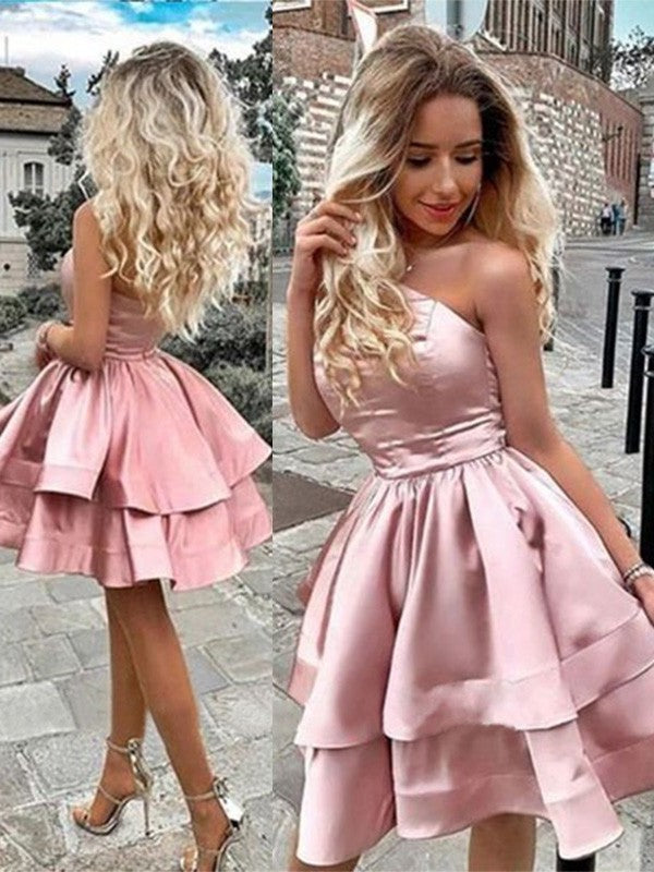 Sleeveless One-Shoulder Charmeuse Ruffles A-Line/Princess Short/Mini Homecoming Dresses