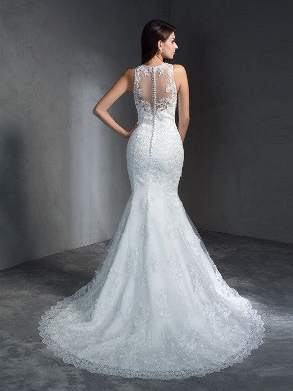 Applique Long Sleeveless Scoop Trumpet/Mermaid Lace Wedding Dresses