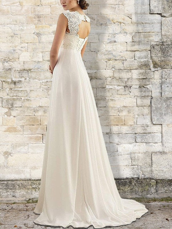 Empire Sweep/Brush Sleeveless Train Bateau Chiffon Wedding Dresses