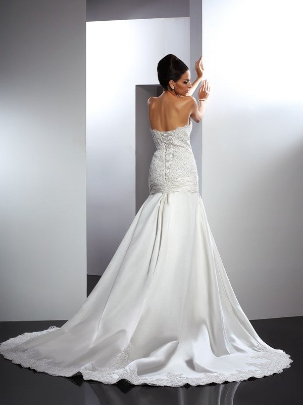 Long Sweetheart Applique Trumpet/Mermaid Sleeveless Satin Wedding Dresses