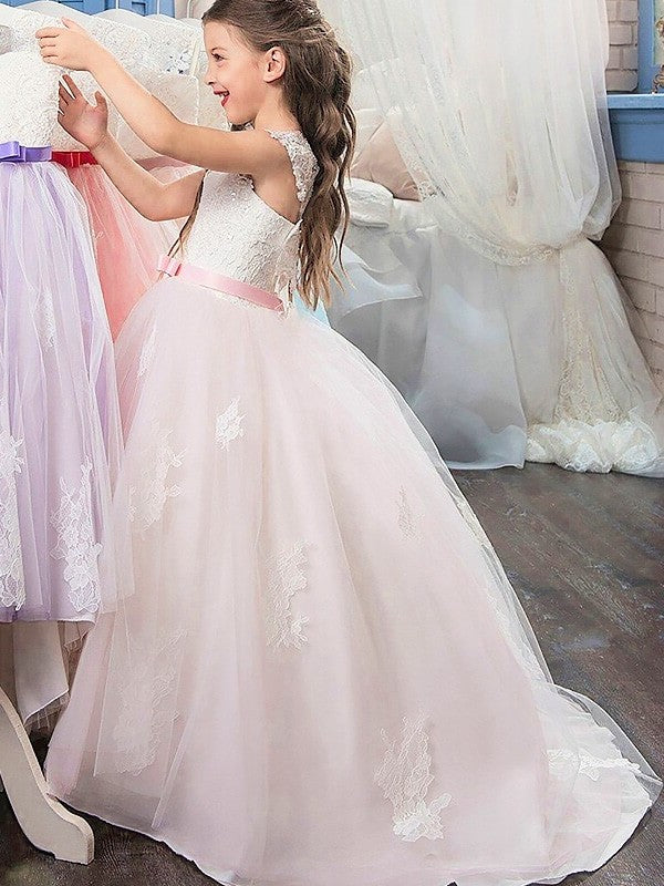 Tulle Sweetheart Sleeveless Ball Bowknot Floor-Length Gown Flower Girl Dresses