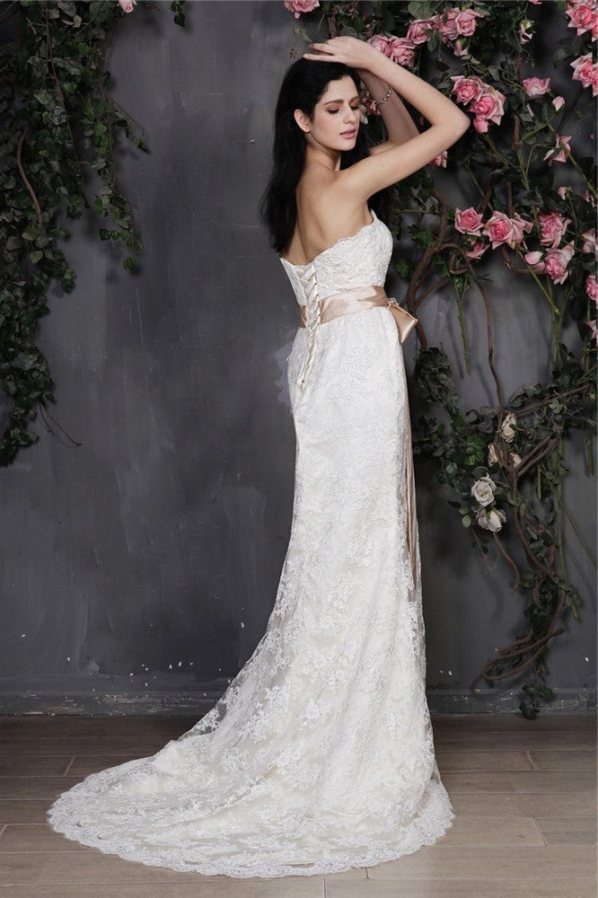 Sheath/Column Sleeveless Long Strapless Sash Lace Wedding Dresses