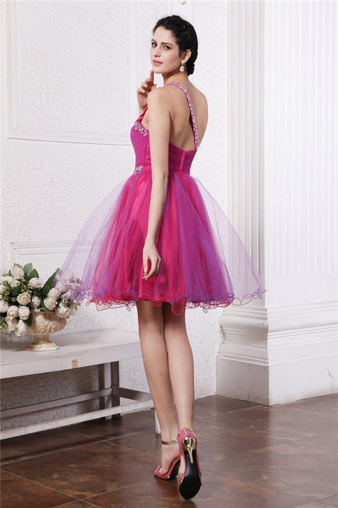 A-Line/Princess One-Shoulder Sleeveless Beading Courtney Short Homecoming Dresses Organza Cocktail Dresses