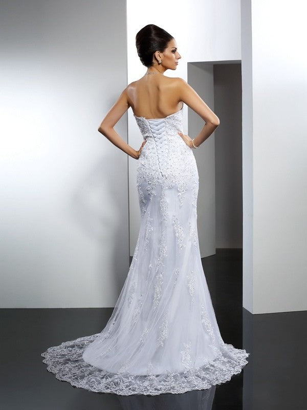 Long Sleeveless Trumpet/Mermaid Sweetheart Lace Satin Wedding Dresses