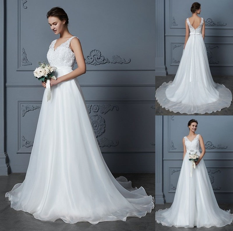 Lace V-neck Floor-Length A-Line/Princess Sleeveless Chiffon Wedding Dresses