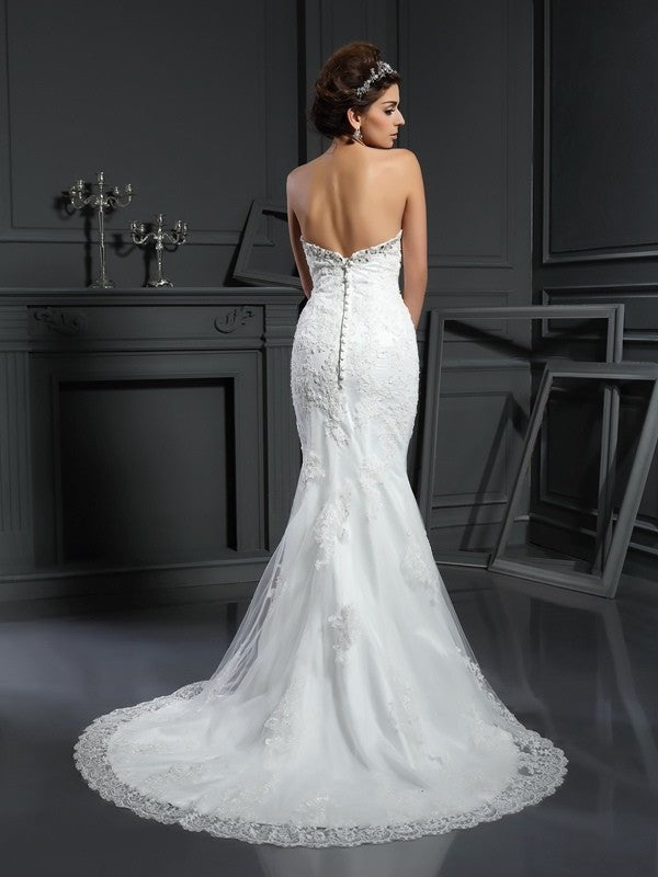 Sheath/Column Long Sleeveless Beading Sweetheart Net Wedding Dresses