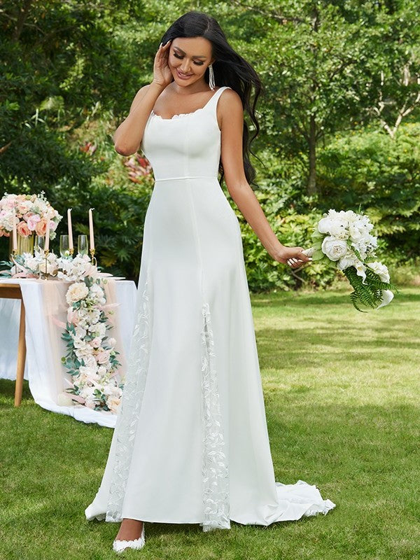 Sweep/Brush Lace A-Line/Princess Straps Sleeveless Ruffles Train Wedding Dresses