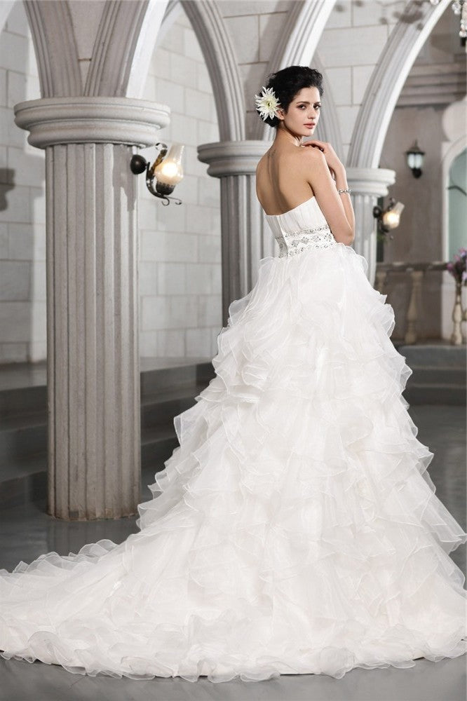 Ball Long Sleeveless Gown Beading Sweetheart Organza Wedding Dresses