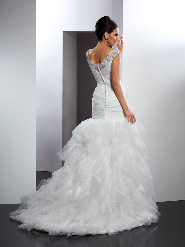 Sleeveless V-neck Long Applique Trumpet/Mermaid Tulle Wedding Dresses