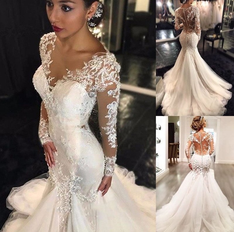 Lace Court Trumpet/Mermaid Train V-neck Long Sleeves Tulle Wedding Dresses