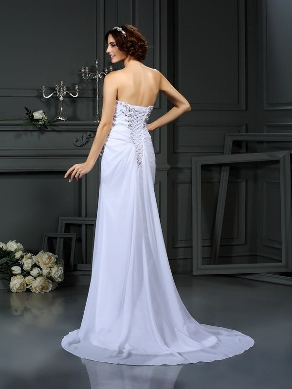 Sleeveless Long Sweetheart Sheath/Column Beading Chiffon Wedding Dresses