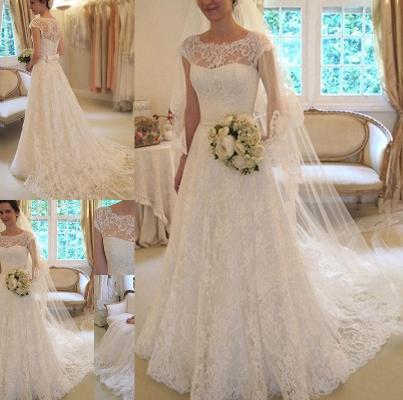 Sleeves Square Train Applique Sash/Ribbon/Belt A-Line/Princess Court Short Lace Wedding Dresses