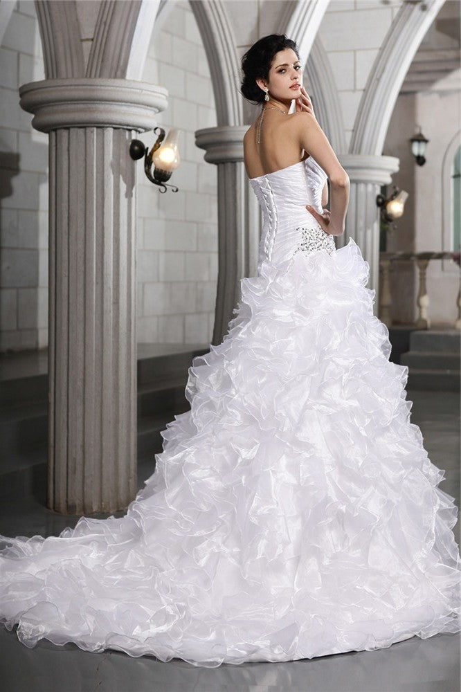 A-Line/Princess Sleeveless Beading Pleats Sweetheart Long Organza Wedding Dresses