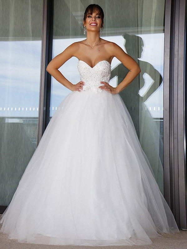 Bowknot Gown Sweetheart Ball Sleeveless Tulle Floor-Length Wedding Dresses