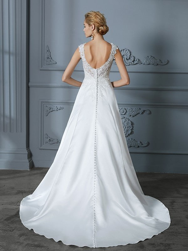 A-Line/Princess V-neck Sleeveless Sweep/Brush Applique Train Satin Wedding Dresses