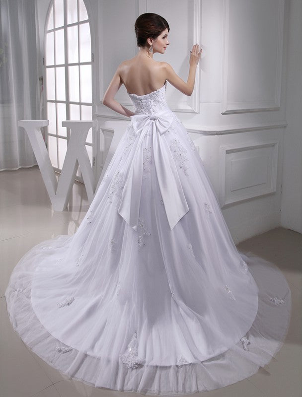 Strapless Applique Beading Ball Gown Sleeveless Satin Tulle Wedding Dresses