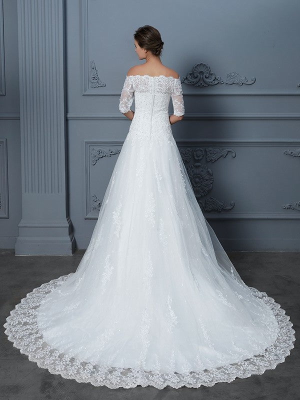 Ball Court Sleeves 1/2 Off-the-Shoulder Gown Train Beading Lace Wedding Dresses