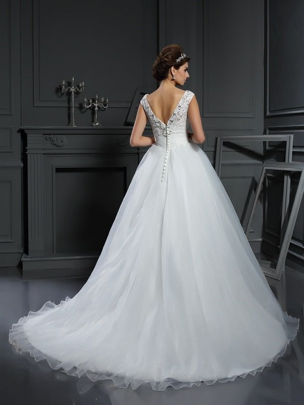 Sleeveless V-neck Beading Long A-Line/Princess Organza Wedding Dresses