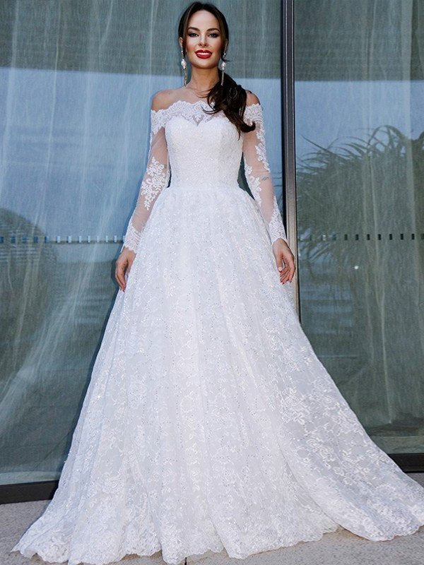 Bateau Gown Lace Ball Sleeves Long Floor-Length Wedding Dresses