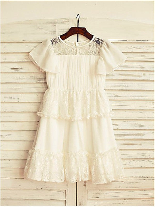 Short Tea-Length Chiffon A-line/Princess Sleeves Scoop Lace Flower Girl Dresses