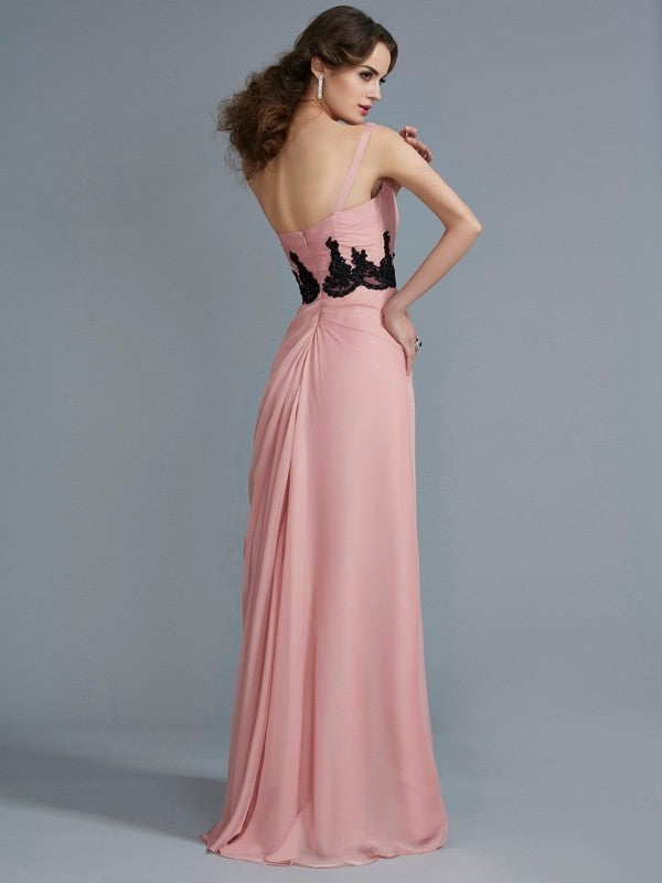 A-Line/Princess Sleeveless Beading One-Shoulder Long Applique Chiffon Dresses