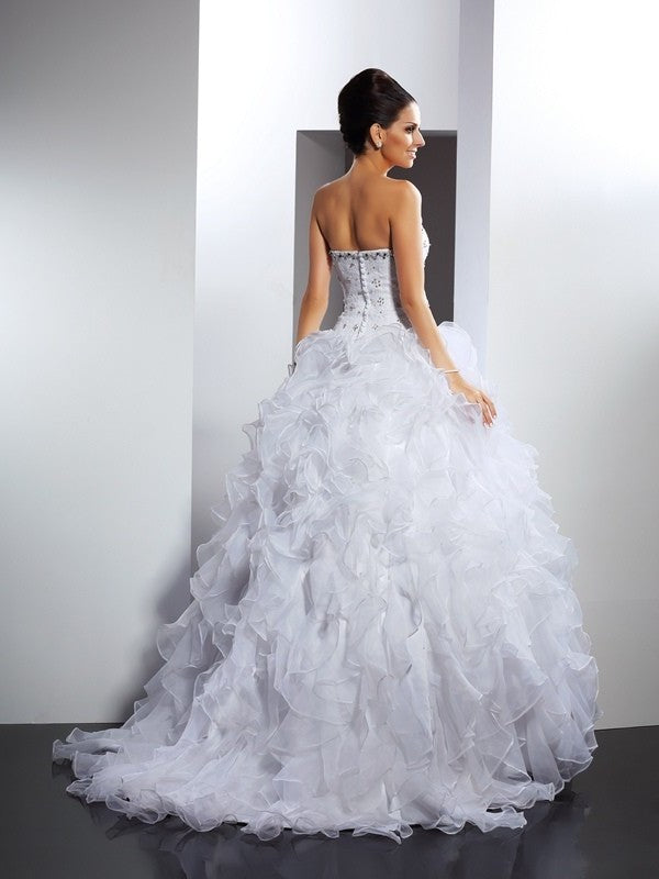 Gown Sleeveless Long Ball Sweetheart Ruffles Satin Wedding Dresses