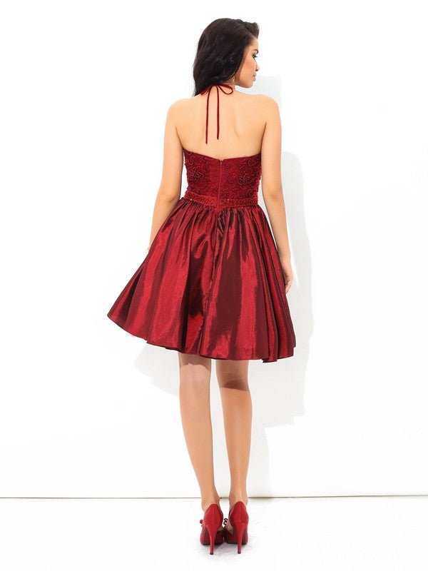 A-Line/Princess Kara Cocktail Homecoming Dresses Halter Beading Sleeveless Short Taffeta Dresses