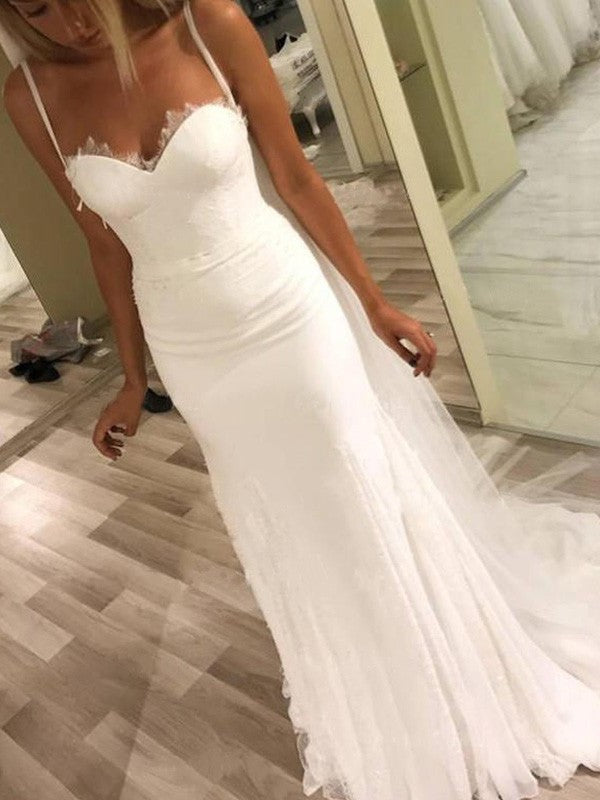 Sheath/Column Sweep/Brush Spaghetti Straps Train Sleeveless Sweetheart Lace Wedding Dresses