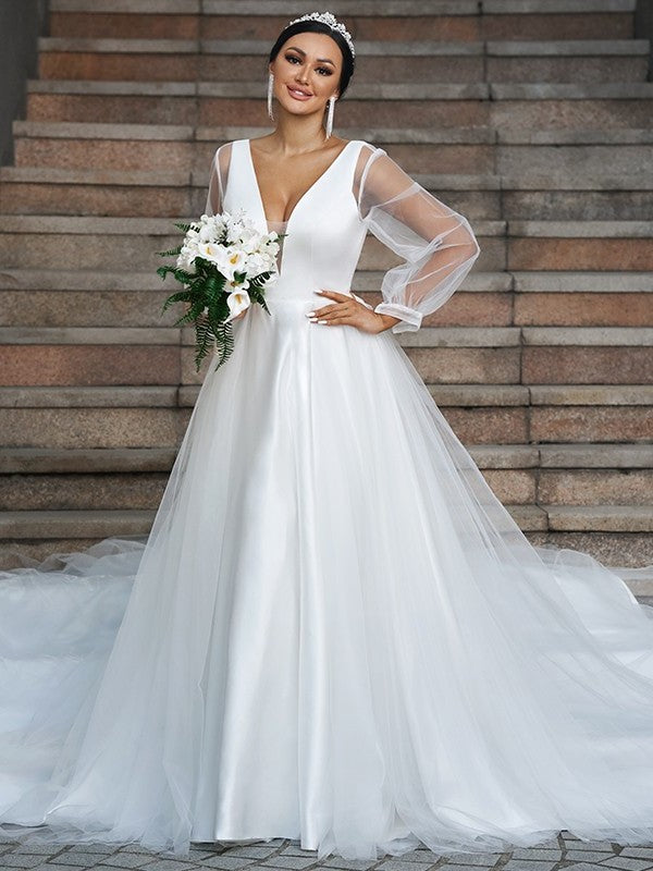 Long A-Line/Princess V-neck Sleeves Tulle Court Ruffles Train Wedding Dresses