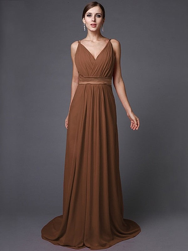 A-Line/Princess Long Sleeveless V-neck Ruffles Chiffon Bridesmaid Dresses