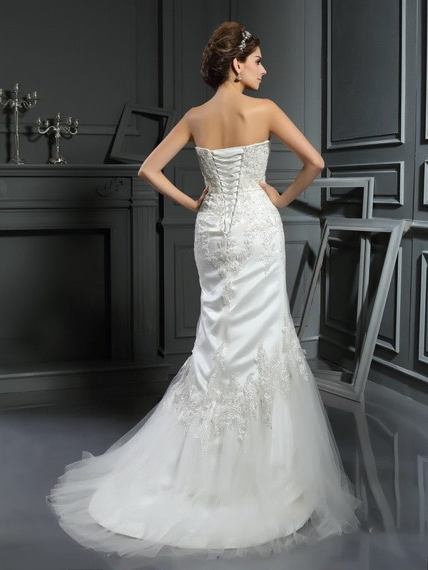 Applique Long Sleeveless Straps Trumpet/Mermaid Satin Wedding Dresses