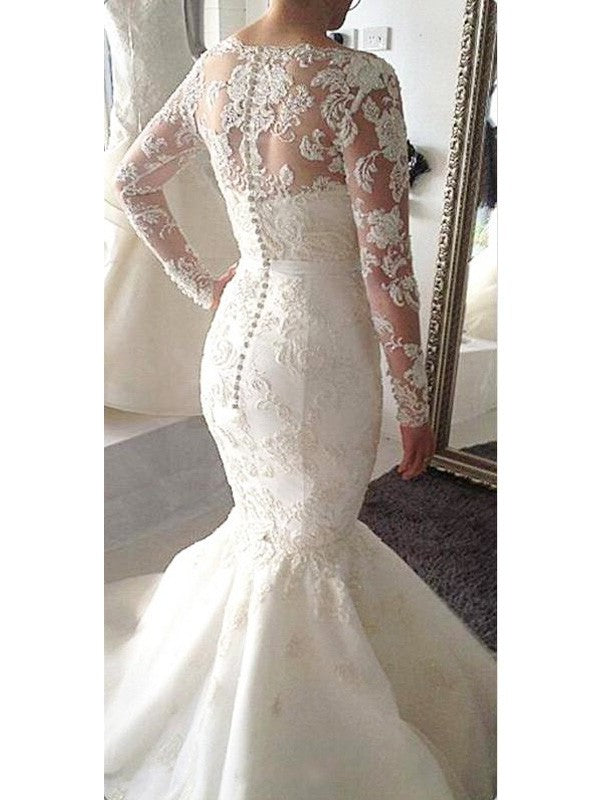 Tulle A-Line/Princess Train Long Sleeves Court Bateau Applique Wedding Dresses