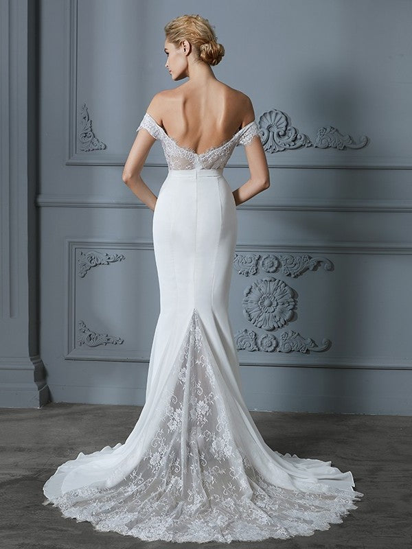 Sweep/Brush Lace Sleeveless Chiffon Off-the-Shoulder Trumpet/Mermaid Train Wedding Dresses