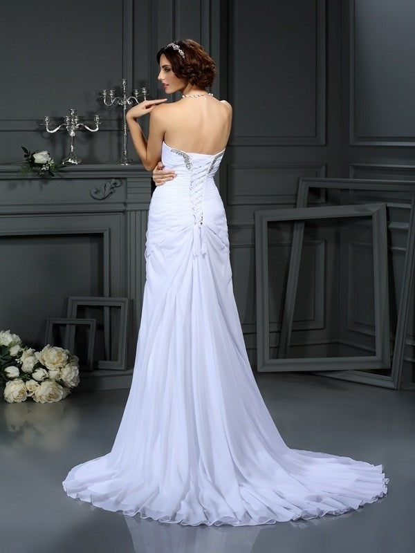 Sweetheart Beading Long Sheath/Column Sleeveless Chiffon Wedding Dresses