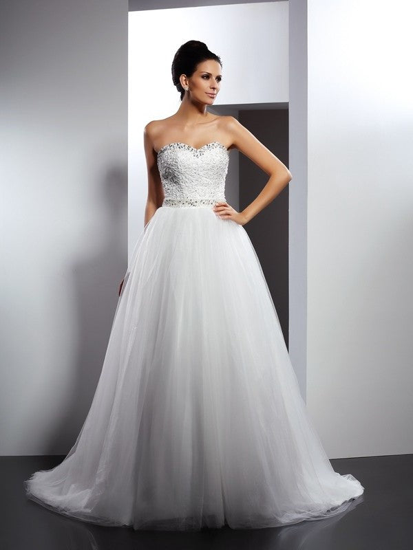 A-Line/Princess Long Straps Beading Spaghetti Sleeveless Tulle Wedding Dresses