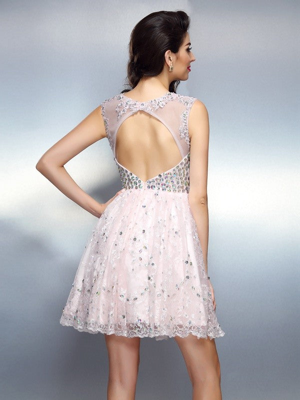 A-Line/Princess Homecoming Dresses Bateau Beading Sleeveless Reese Short Satin Cocktail Dresses