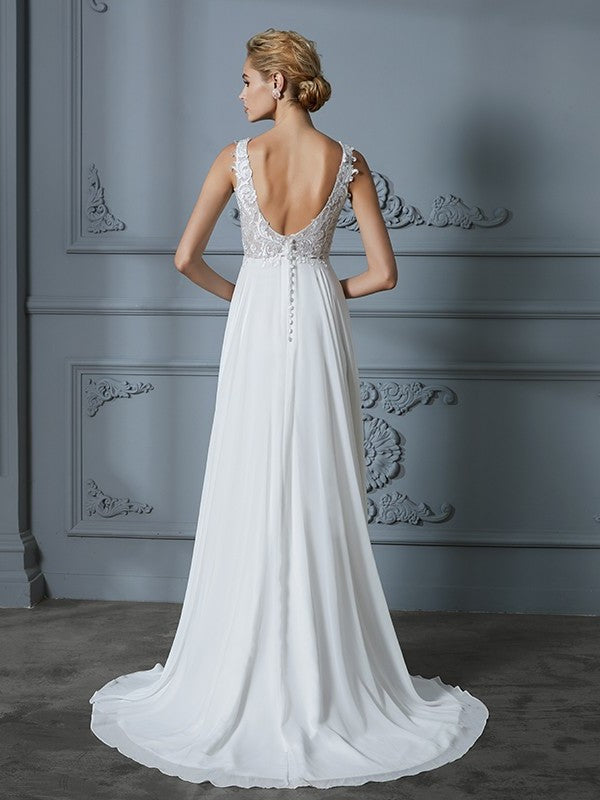 Train Sweep/Brush Sleeveless A-Line/Princess V-neck Chiffon Wedding Dresses