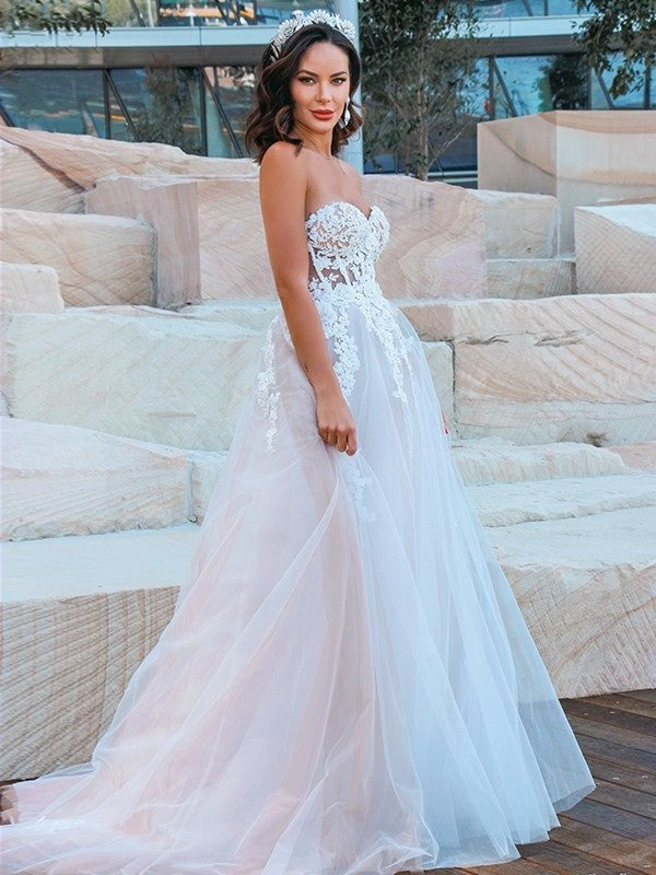 Sleeveless A-Line/Princess Sweetheart Sweep/Brush Tulle Applique Train Wedding Dresses