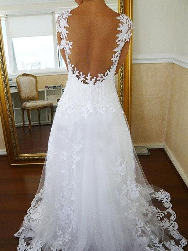 Sleeveless A-Line/Princess Train Sweep/Brush V-neck Lace Tulle Wedding Dresses