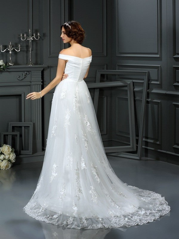 Applique A-Line/Princess Sleeveless Off-the-Shoulder Long Net Wedding Dresses