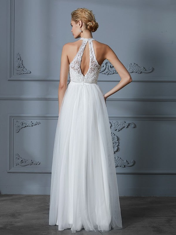 A-Line/Princess Scoop Tulle Sleeveless Floor-Length Wedding Dresses