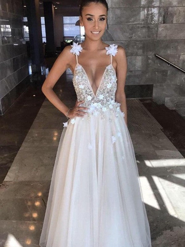 Sleeveless V-neck Beading A-Line/Princess Tulle Floor-Length Wedding Dresses