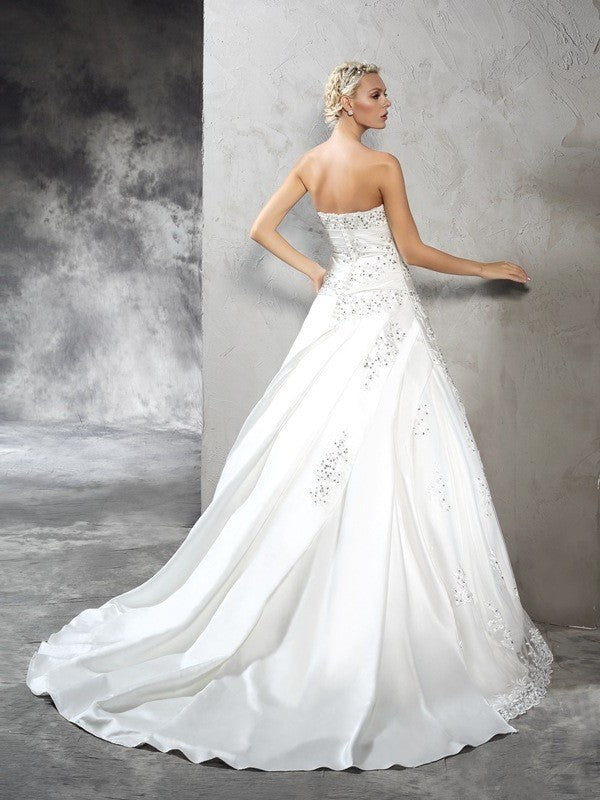 Long Ball Strapless Sleeveless Gown Beading Satin Wedding Dresses