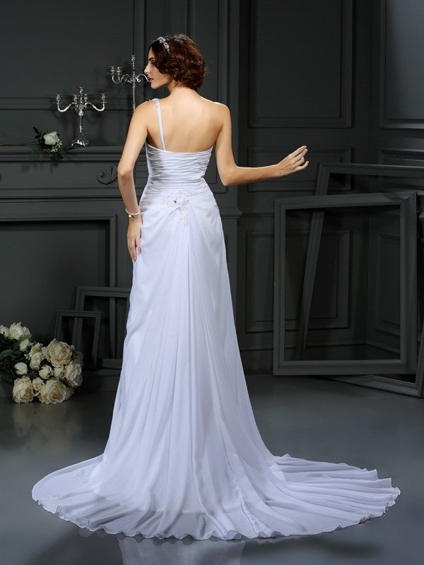 Pleats One-Shoulder Sleeveless Long A-Line/Princess Chiffon Wedding Dresses