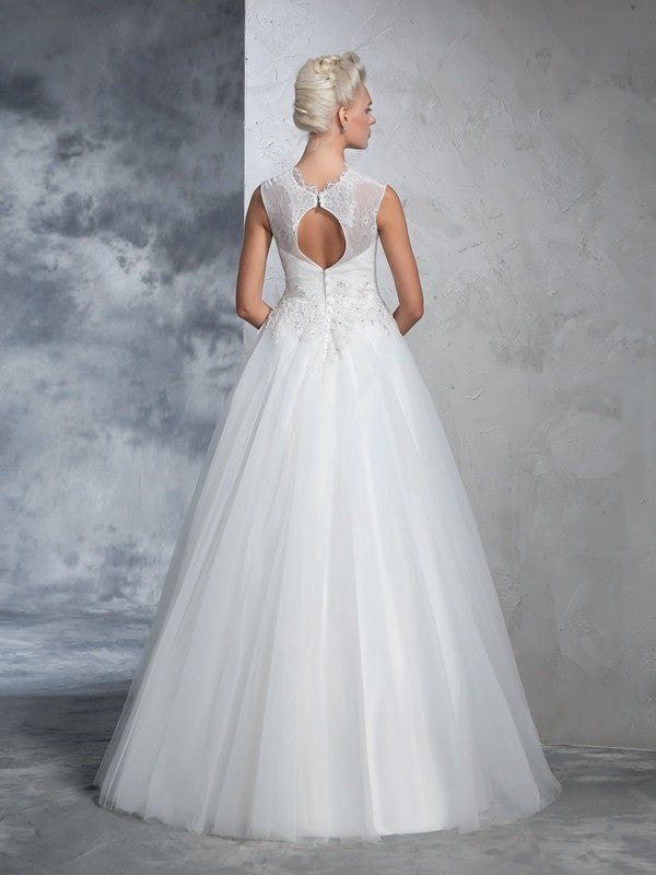 Neck High Long Ball Gown Sleeveless Applique Net Wedding Dresses