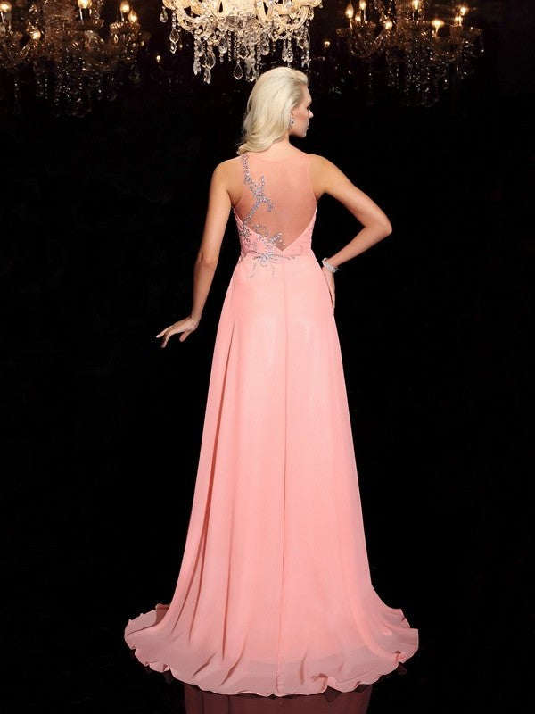 Sleeveless Beading Scoop A-line/Princess Long Chiffon Dresses